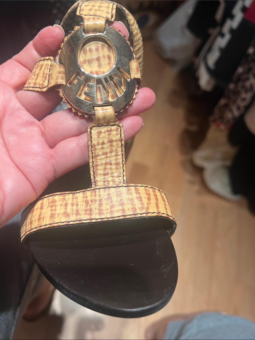 Fendi Yellow T-Strap Sandals with Signature Logo Accent - Picture 3 of 8